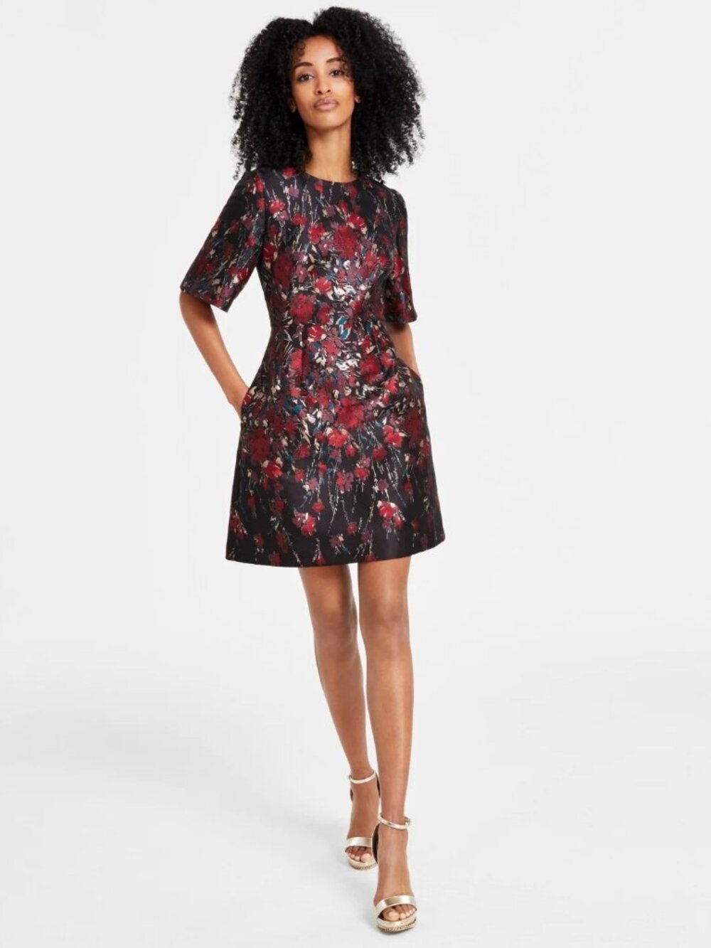 Vince Camuto Womens Floral Jacquard Short-Sleeve Dress